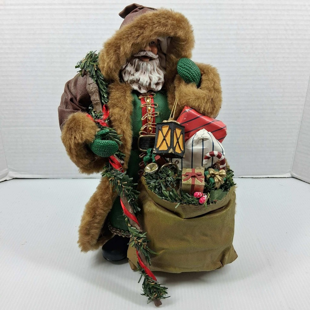 Old World Santa Claus Figurine Paper Mache Faux Fur Robe Woodland Christmas 11"